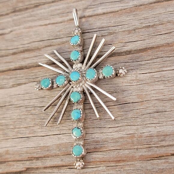 Vintage Sterling Zuni Green Turquoise Light Rays Cross - Picture 3 of 7